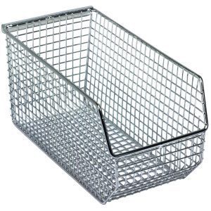 The Quantum Mesh Stack and Hang Bin is a 10-3/4W x 5-1/2D x 5H rectangular, stackable metal wire basket with a slanted front, grid pattern, and rear hanger. Its chrome finish makes it perfect for organizing items effectively.