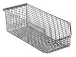 The 15W x 6D x 5H Quantum Mesh Stack And Hang Bin features a rectangular metal wire mesh with a sloping front, horizontal handle bar, grid pattern for visibility and ventilation, and an optional rear hanger for versatile placement on any plain white background. It is chrome finished and stackable.