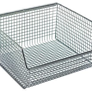 The Quantum Mesh Stack and Hang Bin features a solid frame, slightly slanted front for easy access, and an open top, ideal for storage. Measuring 10-3/4W x 11D x 5H, its stackable with a rear hanger and chrome finish.