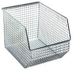 The Quantum Mesh Stack and Hang Bin, 10-1/2W x 8D x 7H, features a sleek chrome grid design with a rectangular base and open top. Its slightly angled front ensures easy item access, while the stackable feature promotes efficient organization.