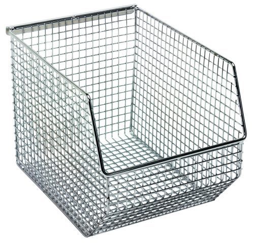 The Quantum Mesh Stack and Hang Bin, 10-1/2W x 8D x 7H, features a sleek chrome grid design with a rectangular base and open top. Its slightly angled front ensures easy item access, while the stackable feature promotes efficient organization.