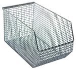 The Quantum Mesh Stack and Hang Bin, measuring 14-1/2W x 8D x 7H, features a rectangular shape with a chrome finish, ideal for storage or organization. It is stackable and includes a rear hanger.