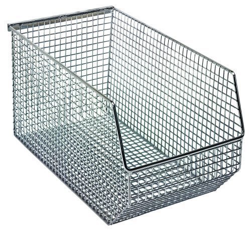 The Quantum Mesh Stack and Hang Bin, measuring 14-1/2W x 8D x 7H, features a rectangular shape with a chrome finish, ideal for storage or organization. It is stackable and includes a rear hanger.