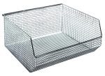 The Quantum Mesh Stack and Hang Bin, measuring 14-1/2W x 16-1/4D x 7H, features a chrome finish, rectangular shape, silver color, and an open-top with a slanted front. Its evenly spaced grid pattern enhances its stackable design.