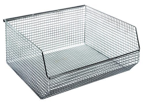 The Quantum Mesh Stack and Hang Bin, measuring 14-1/2W x 16-1/4D x 7H, features a chrome finish, rectangular shape, silver color, and an open-top with a slanted front. Its evenly spaced grid pattern enhances its stackable design.