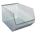 The Quantum Mesh Stack And Hang Bin is a sturdy 18-1/2W x 11D x 10-1/4H rectangular chrome wire mesh storage basket with a slanted open front and rear hanger, perfect for efficient stacking and organizing.