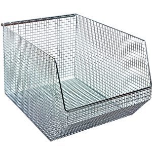 The Quantum Mesh Stack And Hang Bin is a sturdy 18-1/2W x 11D x 10-1/4H rectangular chrome wire mesh storage basket with a slanted open front and rear hanger, perfect for efficient stacking and organizing.