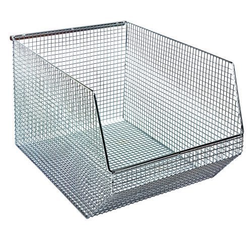 The Quantum Mesh Stack And Hang Bin is a sturdy 18-1/2W x 11D x 10-1/4H rectangular chrome wire mesh storage basket with a slanted open front and rear hanger, perfect for efficient stacking and organizing.