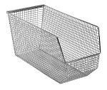 The Quantum Mesh Stack And Hang Bin, measuring 17-3/4W x 8-1/8D x 9H, is rectangular with a sloped front for easy access and a modern mesh pattern. It’s stackable and features a rear hanger for versatile organization.