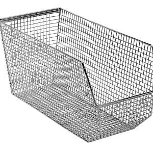 The Quantum Mesh Stack And Hang Bin, measuring 17-3/4W x 8-1/8D x 9H, is rectangular with a sloped front for easy access and a modern mesh pattern. It’s stackable and features a rear hanger for versatile organization.
