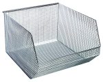 The Quantum Mesh Stack and Hang Bin (18-1/2W x 17D x 11-1/4H) features a chrome finish, rectangular shape, open front for easy access, durable metal grid pattern, three solid sides, rear hanger, slightly lowered edge, and is stackable—ideal for stylish storage and organizing.