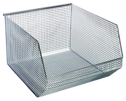 The Quantum Mesh Stack and Hang Bin (18-1/2W x 17D x 11-1/4H) features a chrome finish, rectangular shape, open front for easy access, durable metal grid pattern, three solid sides, rear hanger, slightly lowered edge, and is stackable—ideal for stylish storage and organizing.