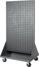 The Quantum Louvered Rack is a 36W x 25D x 72H double-sided gray enamel coated steel cart, built from 16-gauge material. It includes a handle and four heavy-duty rubber casters (two rigid, two swivel) for easy mobility. The tall structure also features evenly slotted panels and a triangular base for stability.