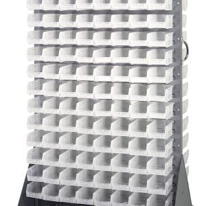 The Quantum Louvered Rack is a tall, double-sided storage solution measuring 36W x 25D x 72H with a 1200 lb. capacity. It includes clear bins, a sturdy handle, and four 5 rubber heavy-duty casters—two rigid and two swivel—making it ideal for organizing small items. Constructed from gray enamel-coated steel.
