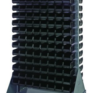 The Quantum Louvered Rack is double-sided with dimensions of 36W x 25D x 72H, supporting up to 1200 lbs. It includes 240 black Qus220 bins and has wheels for easy mobility, featuring two rigid and two swivel casters. Made from gray enamel-coated, 16-gauge cold-rolled steel.