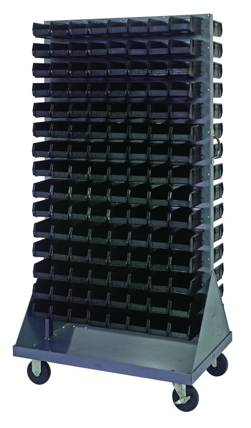 The Quantum Louvered Rack is double-sided with dimensions of 36W x 25D x 72H, supporting up to 1200 lbs. It includes 240 black Qus220 bins and has wheels for easy mobility, featuring two rigid and two swivel casters. Made from gray enamel-coated, 16-gauge cold-rolled steel.