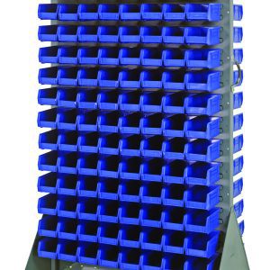 The Quantum Louvered Rack, measuring 36W x 25D x 72H and featuring a 1200 lb. capacity, includes (240) blue Qus220 bins, handles, and (4) rubber heavy-duty casters—(2) rigid and (2) swivel—for easy mobility. Made from gray enamel-coated 16-gauge cold rolled steel, it offers organized storage.