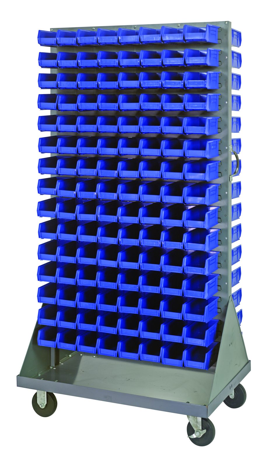 Mobile double-sided louvered rack loaded with blue bins on four casters