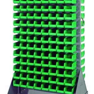 The Quantum Louvered Rack, measuring 36W x 25D x 72H and with a 1200 lb. capacity, comes double-sided with 240 green QUS220 bins. Featuring a handle and four 5 rubber heavy-duty casters (2 rigid, 2 swivel), it offers easy mobility. Made of gray enamel-coated, cold-rolled steel; shipped knocked down.