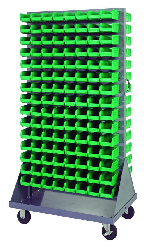 The Quantum Louvered Rack, measuring 36W x 25D x 72H and with a 1200 lb. capacity, comes double-sided with 240 green QUS220 bins. Featuring a handle and four 5 rubber heavy-duty casters (2 rigid, 2 swivel), it offers easy mobility. Made of gray enamel-coated, cold-rolled steel; shipped knocked down.