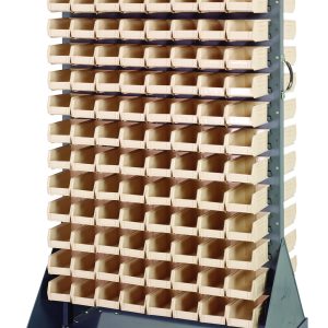 The Quantum Louvered Rack is a double-sided storage unit with a 1,200 lb. capacity and includes 240 ivory bins on a gray enamel-coated steel frame. It features a handle and four 5 rubber casters—two rigid and two swivel—for easy mobility. Dimensions: 36W x 25D x 72H.