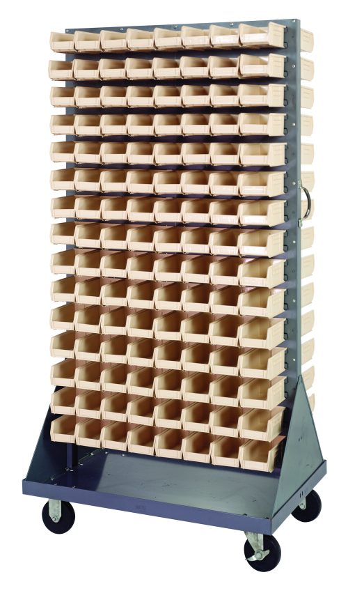 The Quantum Louvered Rack is a double-sided storage unit with a 1,200 lb. capacity and includes 240 ivory bins on a gray enamel-coated steel frame. It features a handle and four 5 rubber casters—two rigid and two swivel—for easy mobility. Dimensions: 36W x 25D x 72H.
