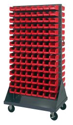 The Quantum Louvered Rack is a double-sided mobile organizer with red plastic bins, measuring 36W x 25D x 72H, and a 1200 lb. capacity. Made from gray enamel-coated steel, it comes with (240) Qus220 bins, a handle, and four 5 heavy-duty rubber casters for easy movement in any workspace.