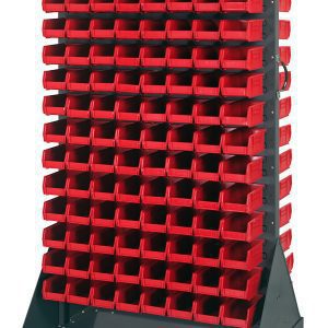 The Quantum Louvered Rack is a double-sided mobile organizer with red plastic bins, measuring 36W x 25D x 72H, and a 1200 lb. capacity. Made from gray enamel-coated steel, it comes with (240) Qus220 bins, a handle, and four 5 heavy-duty rubber casters for easy movement in any workspace.