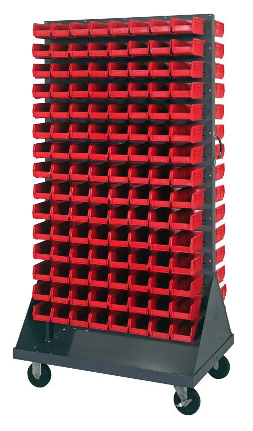 The Quantum Louvered Rack is a double-sided mobile organizer with red plastic bins, measuring 36W x 25D x 72H, and a 1200 lb. capacity. Made from gray enamel-coated steel, it comes with (240) Qus220 bins, a handle, and four 5 heavy-duty rubber casters for easy movement in any workspace.