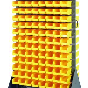 The Quantum Louvered Rack, 36W x 25D x 72H, has a 1200 lb. capacity and includes (240) QUS220 yellow bins. Made from gray enamel-coated 16-gauge cold-rolled steel, it features double-sided access and sits on four heavy-duty rubber casters for easy mobility—perfect for efficient small item storage.