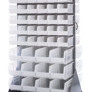 This Quantum Louvered Rack, measuring 36W x 30D x 72H with a 1200 lb capacity, includes (72) QUS230 and (24) QUS240 bins on a sleek gray enamel-coated frame. It features a handle and four casters for enhanced mobility, perfect for convenient and stylish storage.