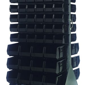 The Quantum Louvered Rack is 36W x 30D x 72H, double-sided, with a 1200 lb capacity. It includes black bins (72 Qus230 and 24 Qus240), a handle, and four casters (2 rigid, 2 swivel) for easy movement. Made of durable gray enamel-coated steel and shipped KD.