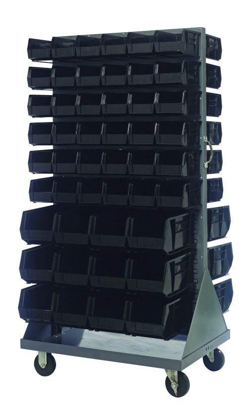 The Quantum Louvered Rack is 36W x 30D x 72H, double-sided, with a 1200 lb capacity. It includes black bins (72 Qus230 and 24 Qus240), a handle, and four casters (2 rigid, 2 swivel) for easy movement. Made of durable gray enamel-coated steel and shipped KD.