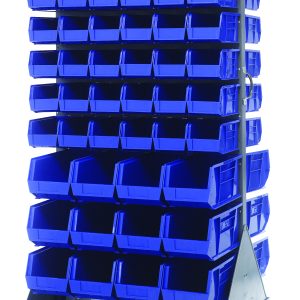 The Quantum Louvered Rack is a mobile storage system measuring 36W x 30D x 72H, featuring gray enamel-coated steel and an open-front design with blue bins. It includes (72) Qus230 and (24) Qus240 bins, a handle, and (4) 5 rubber heavy-duty casters: (2) rigid and (2) swivel.