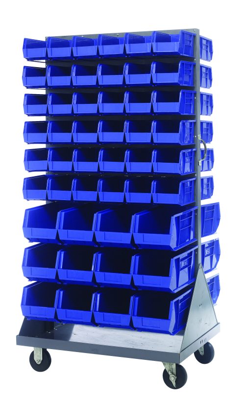 The Quantum Louvered Rack is a mobile storage system measuring 36W x 30D x 72H, featuring gray enamel-coated steel and an open-front design with blue bins. It includes (72) Qus230 and (24) Qus240 bins, a handle, and (4) 5 rubber heavy-duty casters: (2) rigid and (2) swivel.