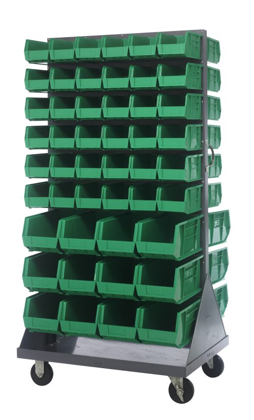 The Quantum Louvered Rack measures 36W x 30D x 72H and features a 1200 lb. capacity, double-sided design with green bins (72 Qus230 and 24 Qus240), a handle, and four 5 heavy-duty casters (2 rigid, 2 swivel). Made from gray enamel-coated,16-gauge cold rolled steel for organized storage.