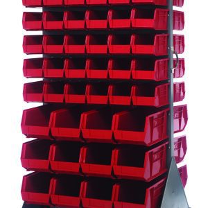 The Quantum Louvered Rack, measuring 36W x 30D x 72H with a 1200 lb. capacity, includes (72) QUS230 and (24) QUS240 red bins on a double-sided frame made of gray enamel-coated steel. Its four heavy-duty casters allow for easy mobility, perfect for organizing various items.