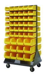 The Quantum Louvered Rack, measuring 36W x 30D x 72H, features a double-sided design with (72) QUS230 and (24) QUS240 yellow bins. Each bin has six compartments. It includes a handle and four 5 heavy-duty rubber casters for mobility, has a 1200 lb capacity, and is made from gray enamel-coated steel.