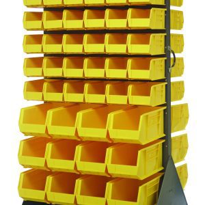 The Quantum Louvered Rack, measuring 36W x 30D x 72H, features a double-sided design with (72) QUS230 and (24) QUS240 yellow bins. Each bin has six compartments. It includes a handle and four 5 heavy-duty rubber casters for mobility, has a 1200 lb capacity, and is made from gray enamel-coated steel.