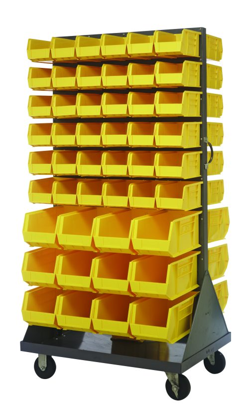 The Quantum Louvered Rack, measuring 36W x 30D x 72H, features a double-sided design with (72) QUS230 and (24) QUS240 yellow bins. Each bin has six compartments. It includes a handle and four 5 heavy-duty rubber casters for mobility, has a 1200 lb capacity, and is made from gray enamel-coated steel.