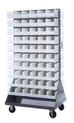 The Quantum Louvered Rack is mobile with a 36W x 25D x 72H frame on a wheeled metal base. It includes (120) QUS230 clear bins for organizing small items and has a capacity of 1200 lbs. The rack is double-sided and features four heavy-duty casters, all made from gray enamel-coated steel.