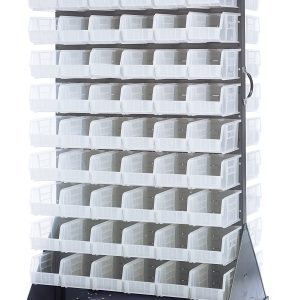 The Quantum Louvered Rack is mobile with a 36W x 25D x 72H frame on a wheeled metal base. It includes (120) QUS230 clear bins for organizing small items and has a capacity of 1200 lbs. The rack is double-sided and features four heavy-duty casters, all made from gray enamel-coated steel.