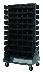 The Quantum Louvered Rack, 36W x 25D x 72H, holds up to 1200 lbs and includes 120 front-open black Qus230 bins. Its double-sided louvered design on a wheeled base features a handle and four heavy-duty casters for easy movement. Made of durable gray enamel-coated, 16-gauge cold-rolled steel.