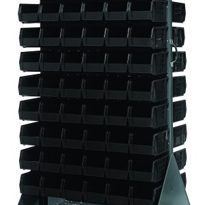 The Quantum Louvered Rack, 36W x 25D x 72H, holds up to 1200 lbs and includes 120 front-open black Qus230 bins. Its double-sided louvered design on a wheeled base features a handle and four heavy-duty casters for easy movement. Made of durable gray enamel-coated, 16-gauge cold-rolled steel.