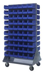 The Quantum Louvered Rack is 36W x 25D x 72H, double-sided, and holds up to 1200 lbs. It includes a handle, (120) QUS230 blue bins, and is mounted on four 5 heavy-duty rubber casters—two rigid and two swivel—for easy mobility. Made from 16-gauge gray enamel-coated steel; shipped KD.