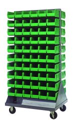 The Quantum Louvered Rack, measuring 36W x 25D x 72H with a 1200 lb. capacity, features double-sided panels and includes (120) green QUS230 bins. Made from gray enamel-coated, 16-gauge cold rolled steel, it has four heavy-duty casters for easy mobility and organization.