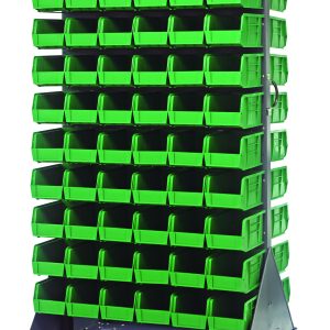 The Quantum Louvered Rack, measuring 36W x 25D x 72H with a 1200 lb. capacity, features double-sided panels and includes (120) green QUS230 bins. Made from gray enamel-coated, 16-gauge cold rolled steel, it has four heavy-duty casters for easy mobility and organization.