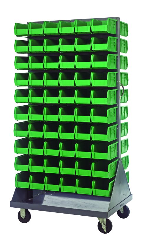 The Quantum Louvered Rack, measuring 36W x 25D x 72H with a 1200 lb. capacity, features double-sided panels and includes (120) green QUS230 bins. Made from gray enamel-coated, 16-gauge cold rolled steel, it has four heavy-duty casters for easy mobility and organization.