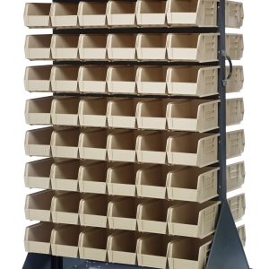 The Quantum Louvered Rack, 36W x 25D x 72H, features eight rows of ivory bins and includes (120) QUS230. Its double-sided with a 1200 lb. capacity and includes a handle for easy mobility on four 5 rubber casters: two rigid and two swivel. Made from gray enamel-coated, 16-gauge cold-rolled steel.