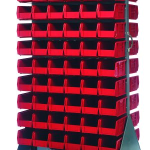 The Quantum Louvered Rack, 36W x 25D x 72H, is a double-sided unit on heavy-duty casters for easy mobility. It includes (120) QUS230 red bins for small item storage and is constructed from gray enamel-coated 16-gauge cold-rolled steel with a 1200 lb. capacity.